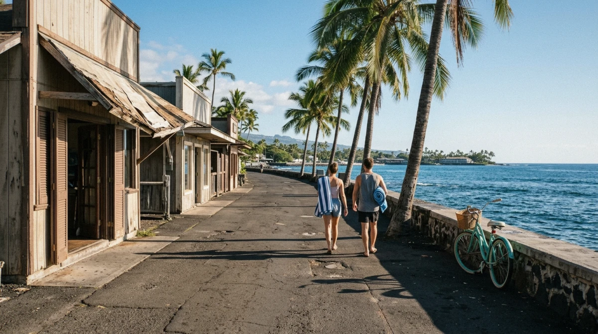 Two visitors walking the Alii Drive seawall past the shopfronts in Kailua-Kona, the part of Kona you can cover without a car