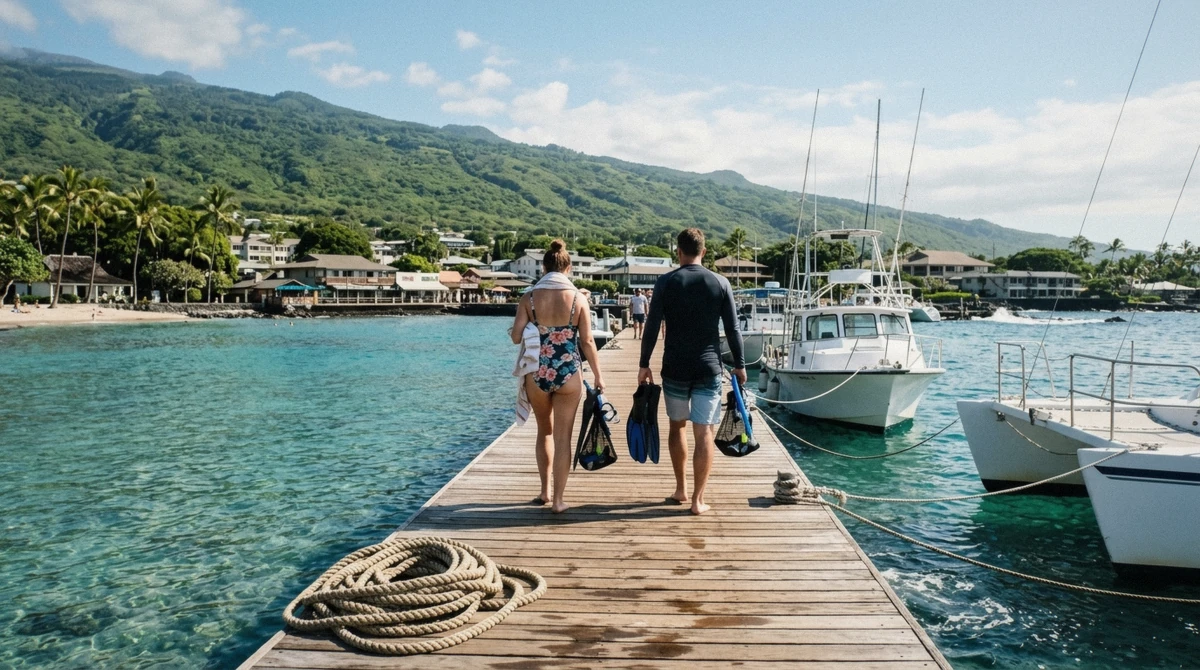 Two visitors carrying snorkel gear along Kailua Pier past moored tour boats, the starting point for most of what things to do in Kona cost