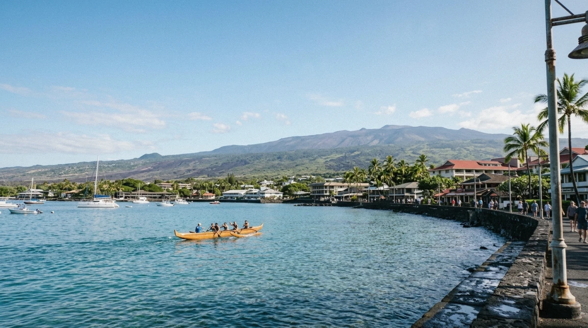 Outrigger canoe crossing Kailua-Kona bay with the town waterfront and the slope of Hualalai behind it, the base for working out how many days in Kona Hawaii you need