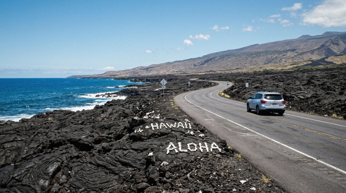 Rental SUV on the coastal highway across the lava fields north of Kailua-Kona, the drive that answers whether you need a car in Kona Hawaii