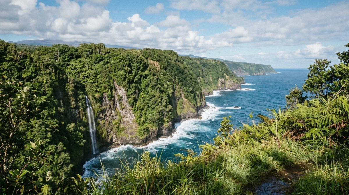 Green sea cliff and a narrow waterfall on the windward Hamakua coast north of Hilo, the wet side of the Big Island in the Kona vs Hilo where to stay decision