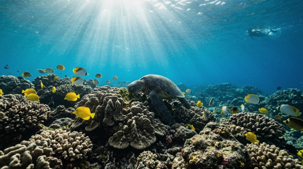 Green sea turtle on a sunlit reef off the Kona coast, the sort of snorkel stop you reach by car or by boat tour when deciding if you need a car in Kona Hawaii