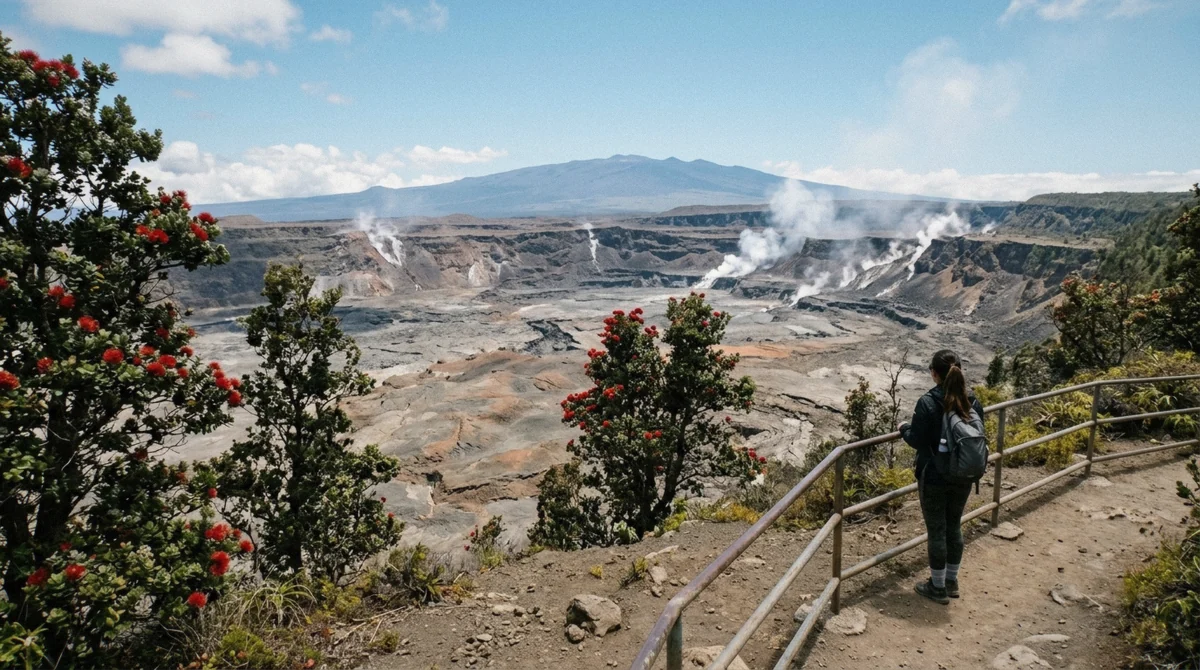 Steam rising across the Kilauea caldera with ohia in bloom at Hawaii Volcanoes National Park, the full-day trip that decides how many days in Kona Hawaii you need