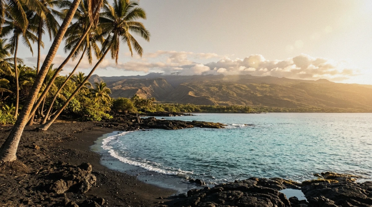 Warm early light on a black sand and lava cove on the Kona coast with palms leaning over clear water, the dry-season look that decides the best time to visit Kona Hawaii