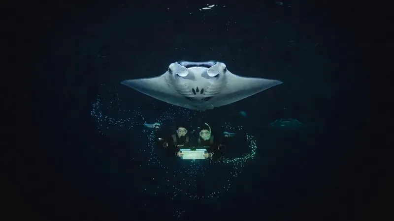 Snorkelers floating above giant manta rays illuminated by underwater lights at night in Kona Hawaii Big Island waters