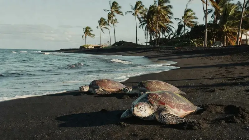 Green sea turtles resting on the black sand at Punalu'u beach on a guided Big Island volcano and waterfall tour in Hawaii