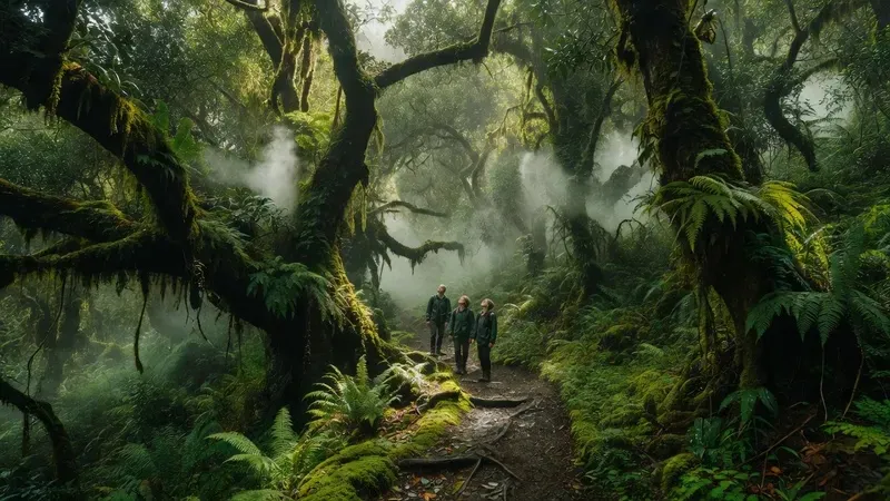 Naturalist guide leading visitors through misty tropical cloud forest on Kona's volcanic slopes in Hawaii Big Island, ancient fern-draped trees disappearing into mist