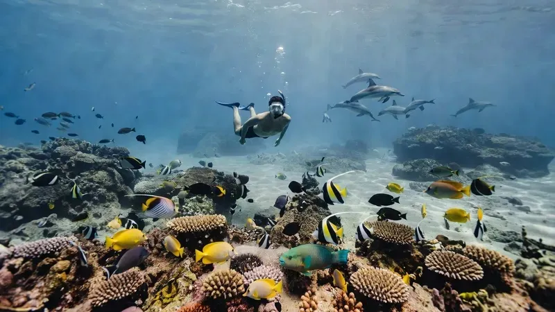 Snorkelers exploring vibrant coral reef at Kealakekua Bay during a South Kona snorkeling tour on Hawaii Big Island
