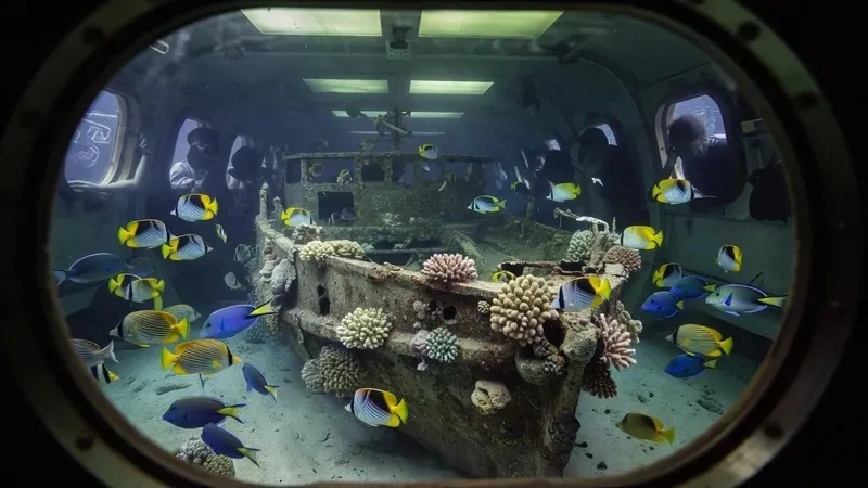 Real submarine descending into crystal blue Kona Hawaii waters past coral reefs and colorful tropical fish on Big Island