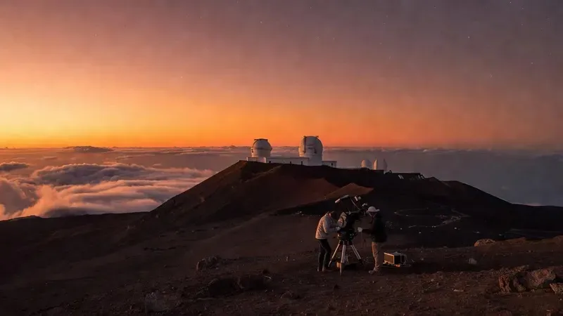 Telescopes set up for stargazing near the Mauna Kea summit on Big Island Hawaii at night with an ocean of clouds below and a star-filled sky